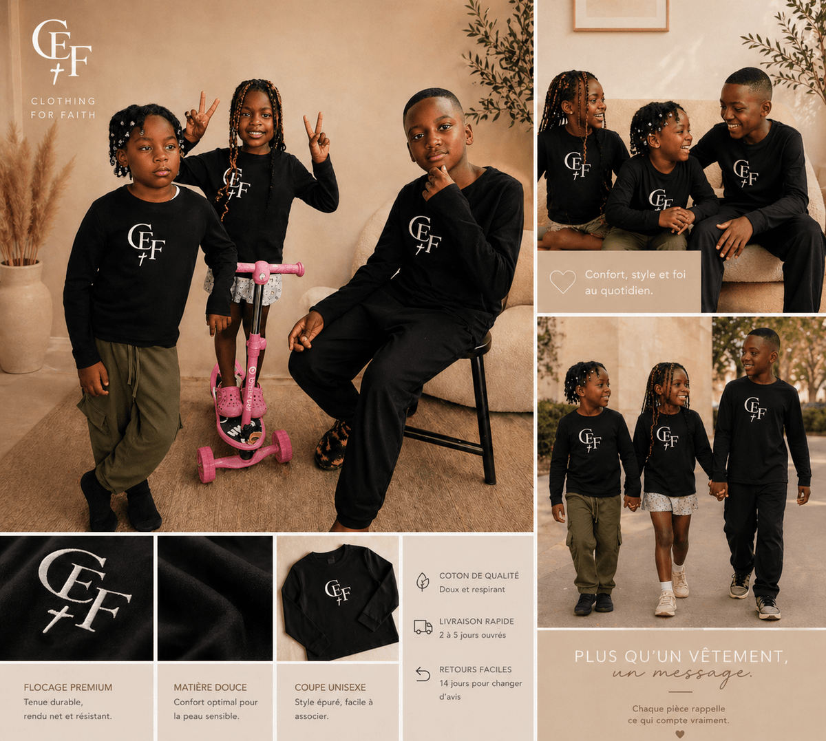T-shirt manches longues enfant CEF – Confort & style - Choco Élégance & Foi
