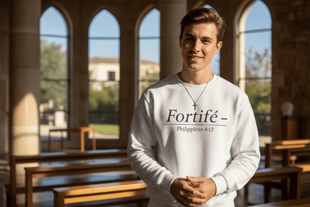 Sweat Crewneck "Fortifié" – Philippiens 4:13 - Choco Élégance & Foi