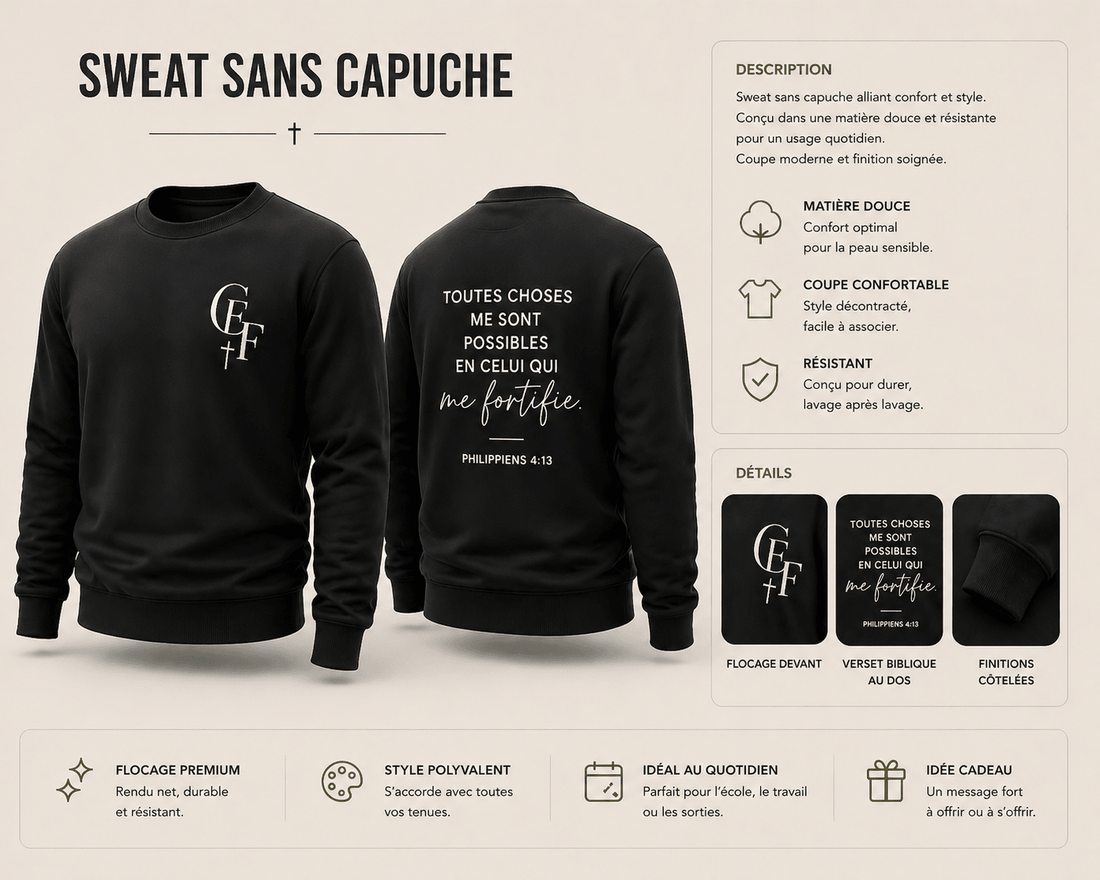 Sweat Crewneck "Fortifié" – Philippiens 4:13 - Choco Élégance &amp; Foi