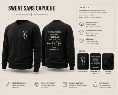 Sweat Crewneck "Fortifié" – Philippiens 4:13 - Choco Élégance &amp; Foi