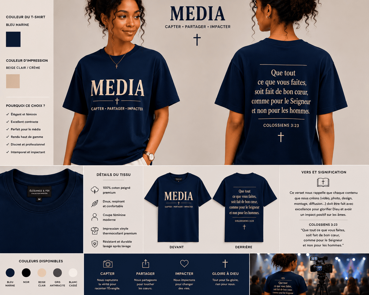 MEDIA – T-shirt Ministère | Capter · Partager · Impacter | CEF - Choco Élégance &amp; Foi