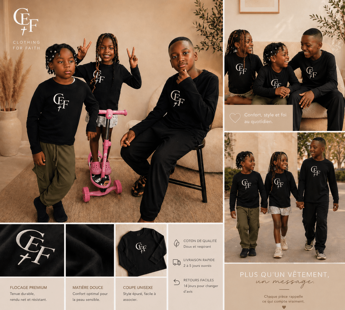 T-shirt manches longues enfant CEF – Confort & style - Choco Élégance & Foi
